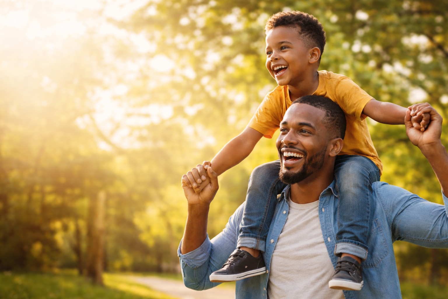 Dad and child playing in park.