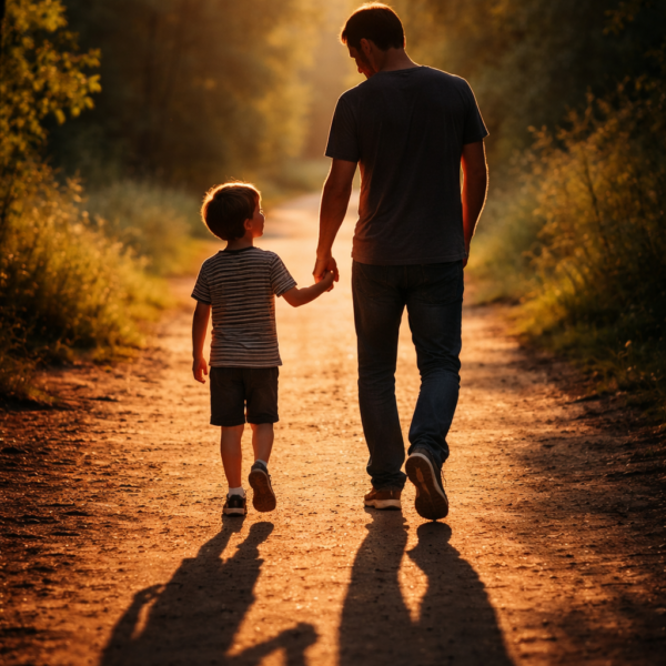 Dad and Son walking hand in hand down a path into the sunset.